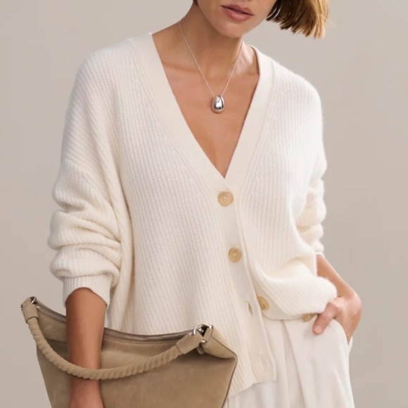 Jenni Kayne Cropped Cashmere Cocoon V Neck Knit Cardigan Sweater Ivory - Picture 1 of 9